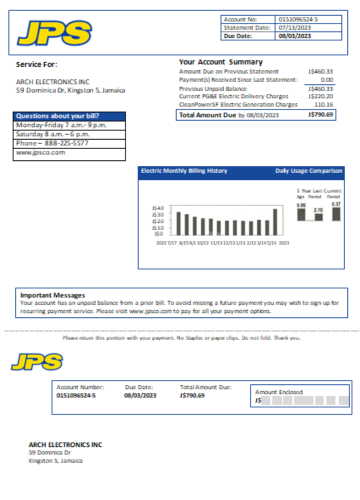 Jamaica Public Service Co Ltd (JPS) electricity utility business bill, SCR PSD template